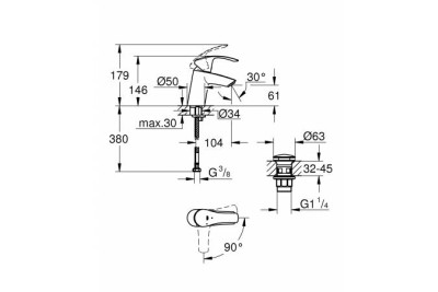 Смеситель для раковины GROHE Eurosmart New с энергосберегающим картриджем, S-size, хром 23924002