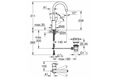 Смеситель для раковины GROHE BauEdge с донным клапаном, L-Size, хром 23760000