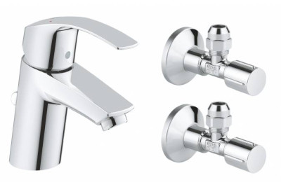 Смеситель для раковины GROHE Eurosmart New с угловыми вентилями (2 шт.) и донным клапаном, хром 23588000